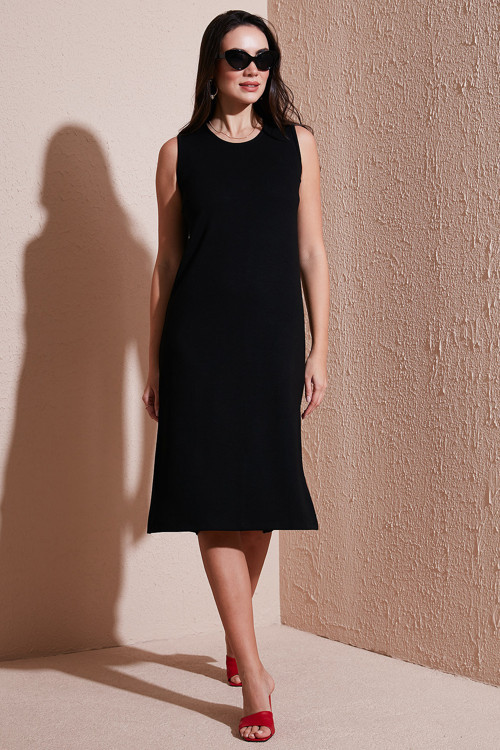 Regular Fit Bisiklet Yaka Yırtmaç Detaylı Basic Midi Bayan Elbise 5866160 SİYAH