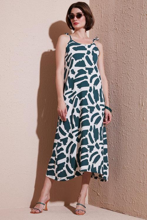Desenli Midi Boy Oversize Fit Bağlamalı İp Askılı Bisiklet Yaka Bayan Elbise 5869009 NEFTİ