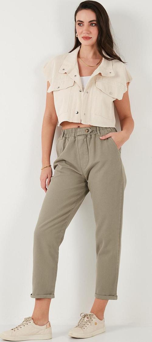 Pamuklu Standart Fit Yüksel Bel Düz Paça Bayan Pantolon 668YP4924 AÇIK HAKİ