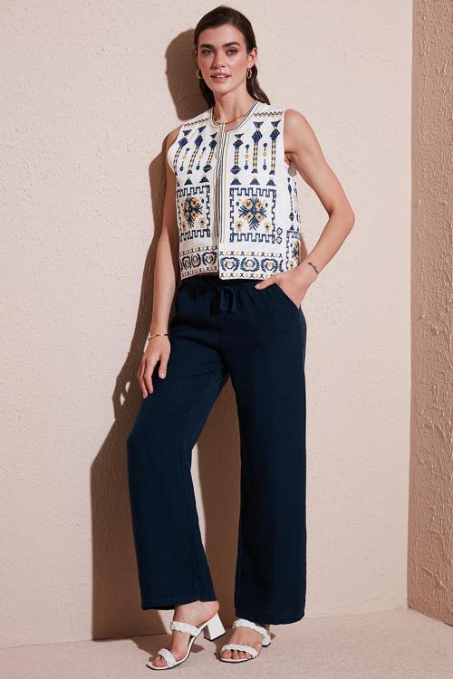 Relaxed Fit Normal Bel Geniş Paça Çİft Cepli Keten Bayan Pantolon 668YP4991 LACİVERT