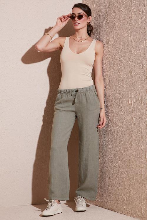 Relaxed Fit Normal Bel Geniş Paça Çİft Cepli Keten Bayan Pantolon 668YP4991 HAKİ