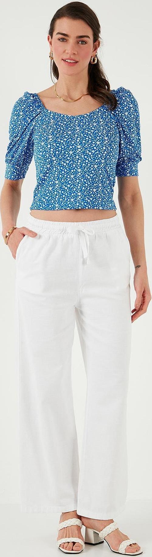 Pamuklu Relaxed Fit Yüksek Bel Bol Paça Bayan Pantolon 668YP5118 BEYAZ