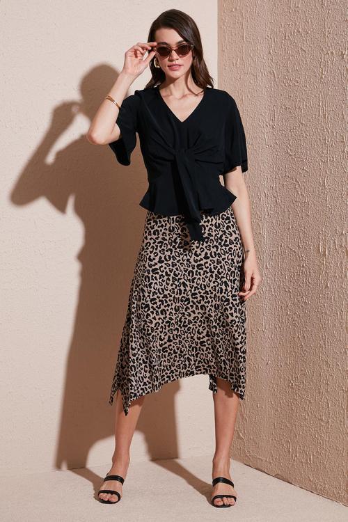 Desenli Volanlı Midi Boy Bayan Etek 5869010 LEOPAR