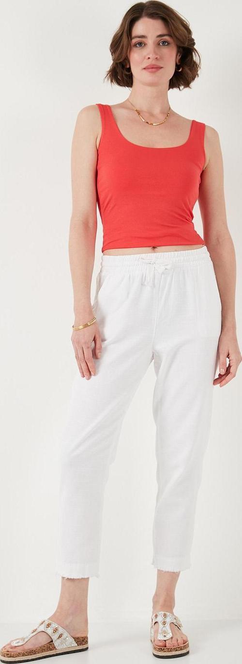 Pamuklu Belden Bağlamalı Yüksek Bel Keten Görünümlü Kısa Paça Bayan Pantolon 668YP5134 BEYAZ