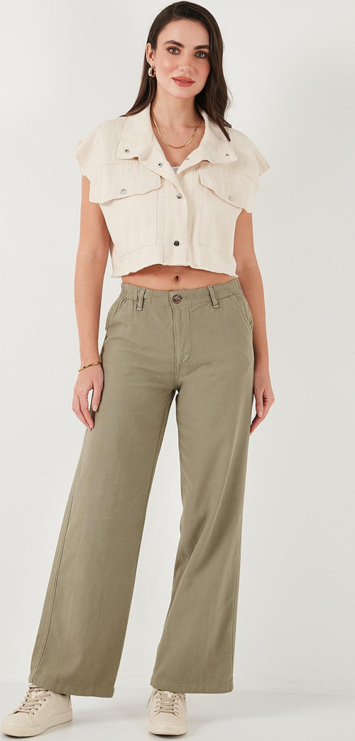 Pamuklu Standart Fit Yüksek Bel Geniş Paça Bayan Pantolon 668YP5193 HAKİ