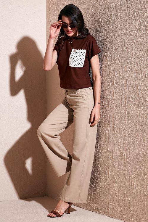 Pamuklu Standart Fit Yüksek Bel Geniş Paça Bayan Pantolon 668YP5193 CAMEL
