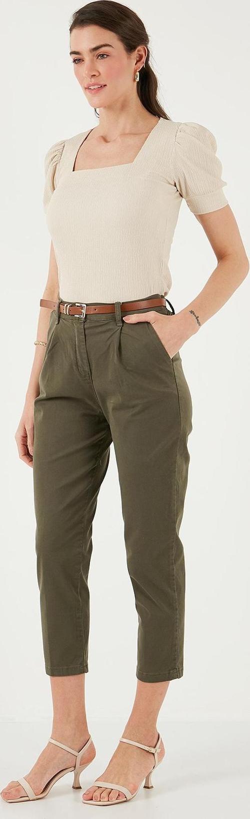 Streç Pamuklu Regular Fit Yüksek Bel Düz Kısa Paça Kemerli Bayan Pantolon 668YP5335 HAKİ