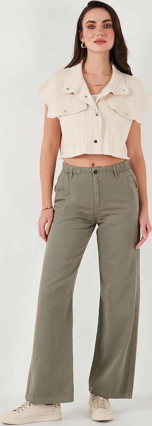 Pamuklu Standart Fit Yüksek Bel Geniş Paça Bayan Pantolon 668YP5344 HAKİ