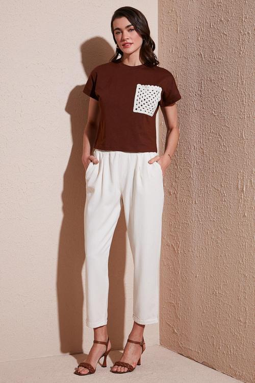 Slim Fit Normal Bel Boru Paça Bayan Pantolon 668YP5372 TAŞ