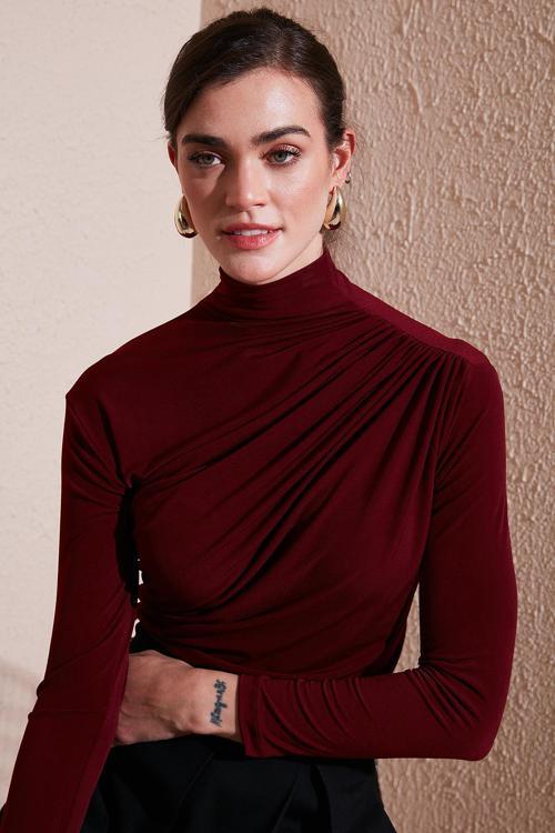 Streç Büzgü Detaylı Slim Fit Dik Yaka Bayan Bluz 669925 BORDO