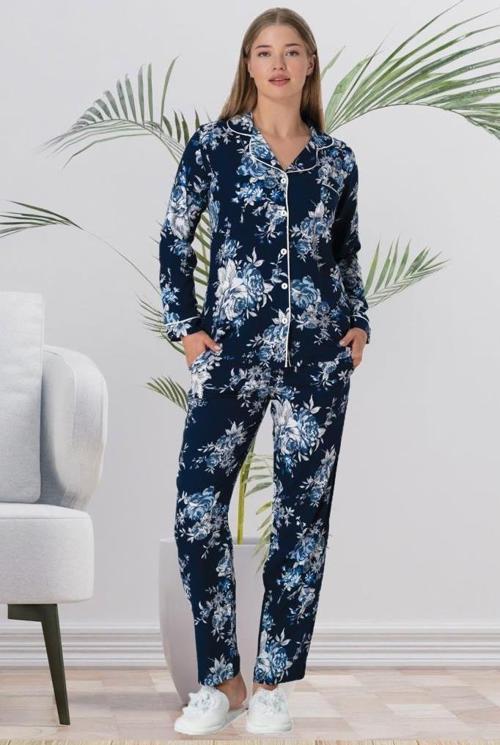 Mecit 5924 Bayan Çiçekli Lacivert Boydan Düğmeli Pijama Takımı