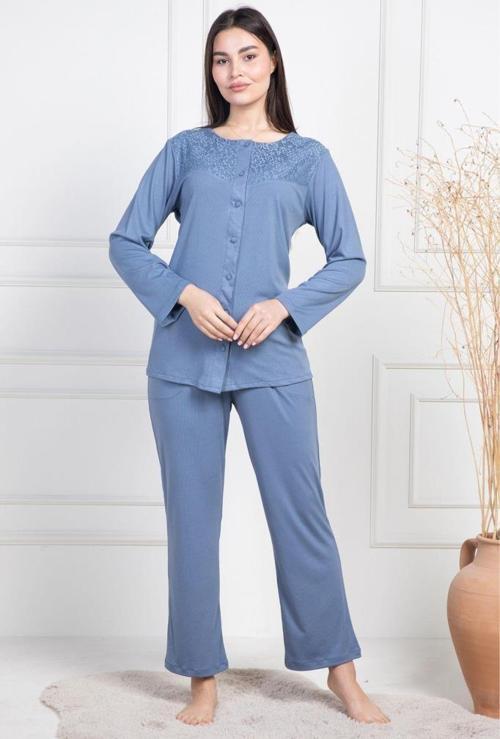 Mecit 6105 Bayan İndigo Büyük Beden Boydan Düğmeli Pijama Takımı