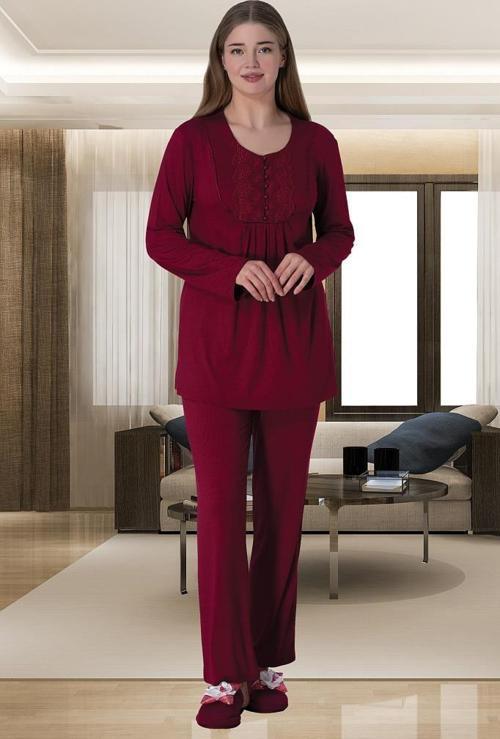 Mecit 6020 Bayan Bordo Büyük Beden Uzun Kollu Pijama Takımı