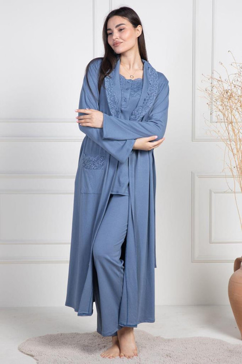 Mecit 6155 Bayan İndigo Büyük Beden Sabahlıklı Pijama Takımı