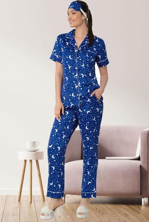 Mecit 5473 Bayan Lacivert Önden Düğmeli Saten Pijama Takımı