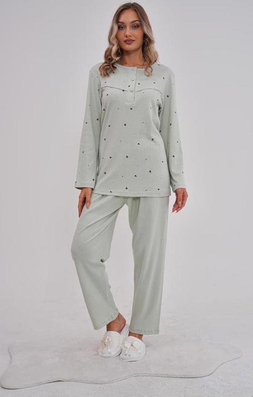 Mecit 6150 Bayan Yeşil Yüzde Yüz Pamuk Büyük Beden Pijama Takımı