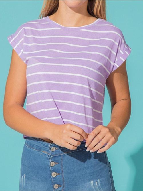 Lila Çizgili Crop Tişört