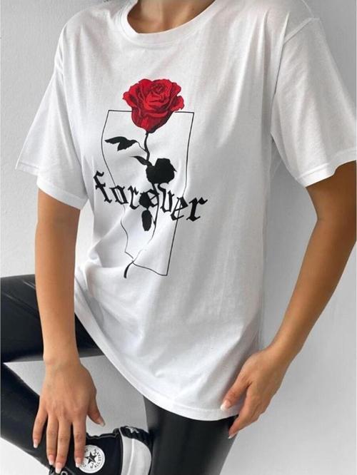 Beyaz Forever Gül Baskılı T-Shirt