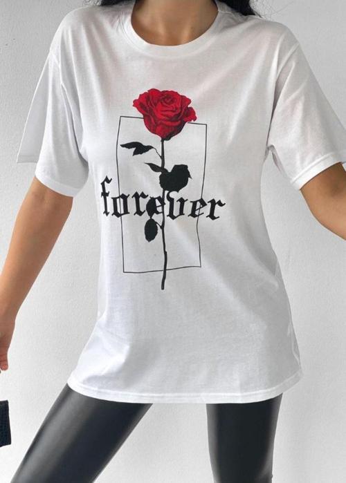 Beyaz Forever Gül Baskılı T-Shirt