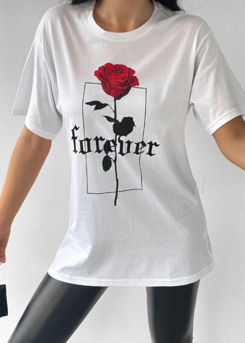 Beyaz Forever Gül Baskılı T-Shirt