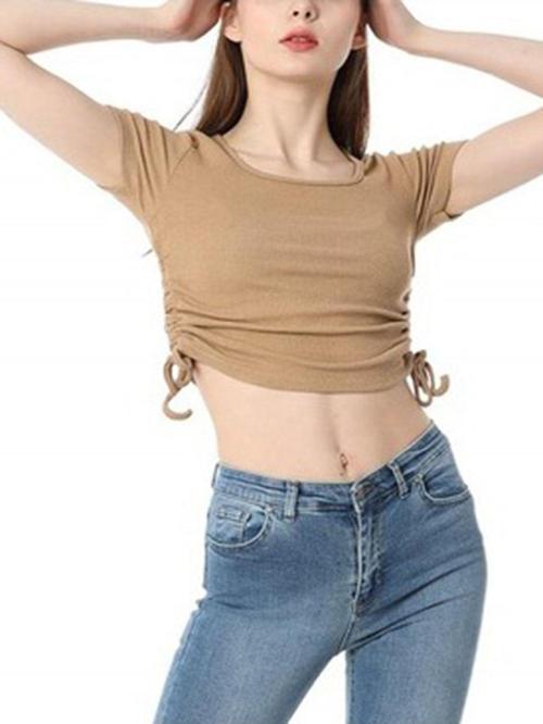 Camel Yanları Büzgülü B Yaka Crop