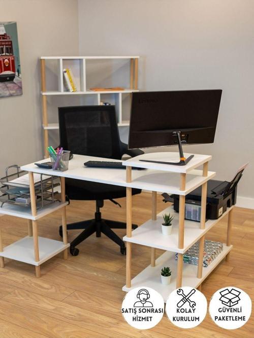 Çalışma Masası 5 Raflı Ahşap Ayaklı Dekoratif Modern Bilgisayar Ofis Masası - Beyaz - Köşe
