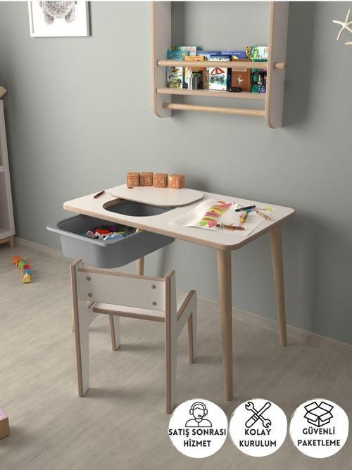 Çocuk Oyun Ve Aktivite Masası - 1 Sandalye - Gri Sepetli