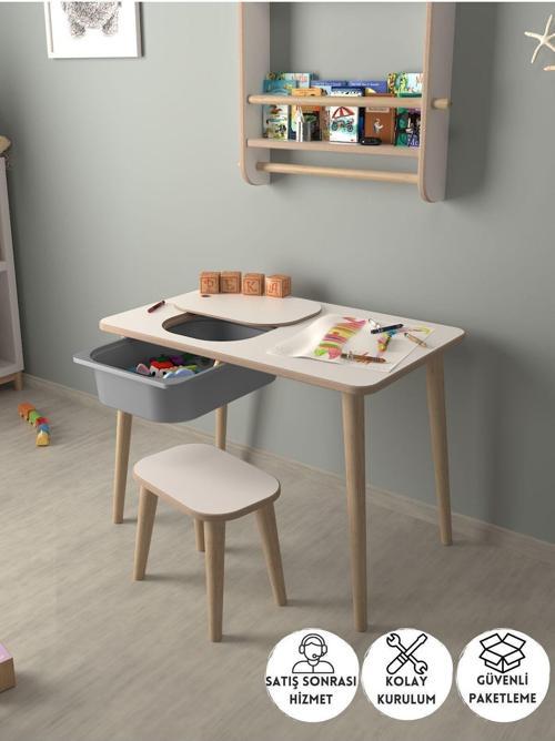 Çocuk Oyun Ve Aktivite Masası - 1 Tabure - Gri Sepetli