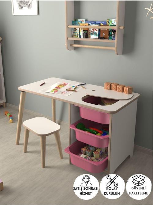 Çocuk Oyun Ve Aktivite Masası - 1 Tabure - Pembe Sepetli