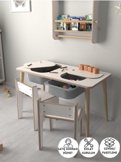 Çocuk Oyun Ve Aktivite Masası - 2 Sandalye - Gri Sepetli