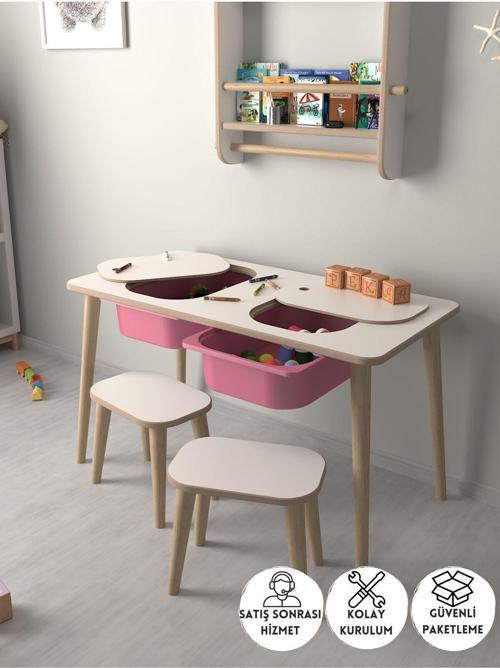 Çocuk Oyun Ve Aktivite Masası - 2 Tabure - Pembe Sepetli