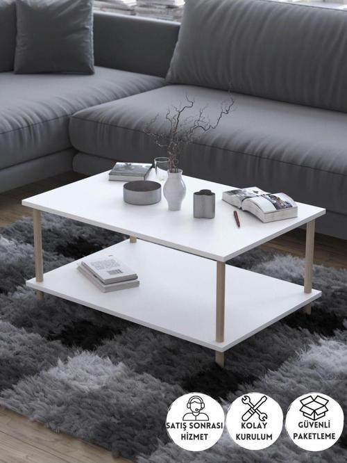 Dikdörgen Orta Sehpa Ahşap Ayaklı Sehpa Iki Raflı Sehpa Dekoratif Sehpa Gazetelikli-Beyaz-90Cmx60Cm