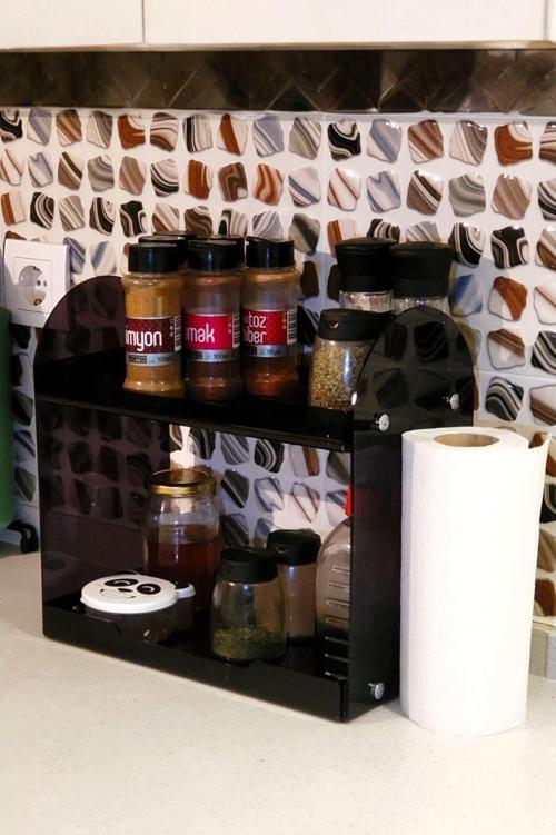 Kağıt Havluluklu Plexiglass Mutfak Rafı Organizer - Tezgah Üstü Raf - Füme