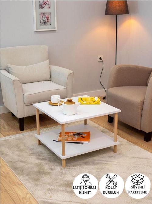 Kare Orta Sehpa Ahşap Ayaklı Sehpa Iki Raflı Sehpa Dekoratif Sehpa Gazetelikli - Beyaz - 60Cm X 60Cm