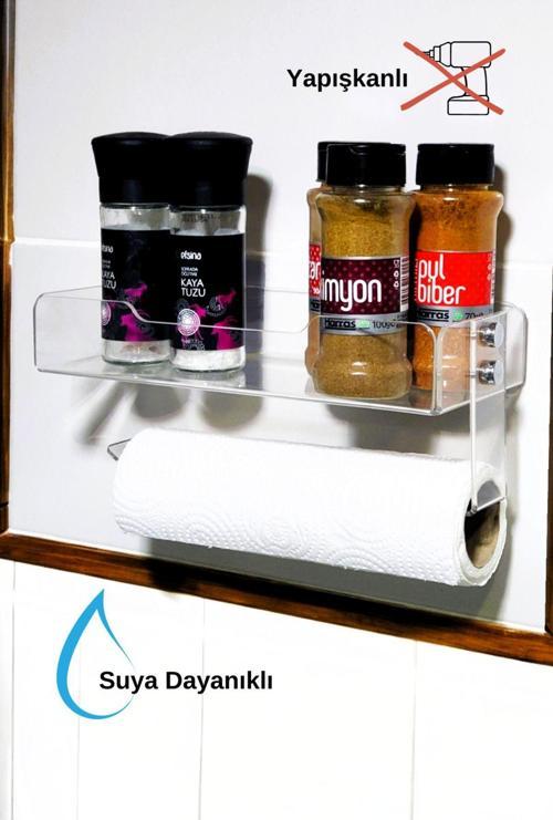 Yapışkanlı Baharatlık Ve Kağıt Havluluk Şık Plexiglass – Duvara Monte Mutfak Rafı