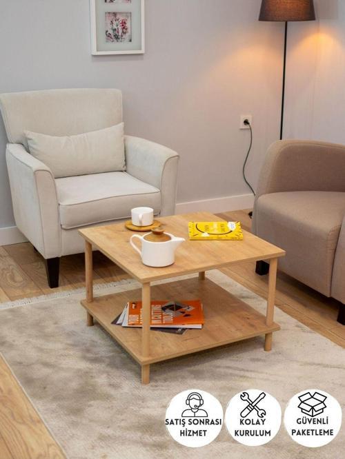 Kare Orta Sehpa Ahşap Ayaklı Sehpa Iki Raflı Sehpa Dekoratif Sehpa Gazetelikli - Safir Meşe-60X60