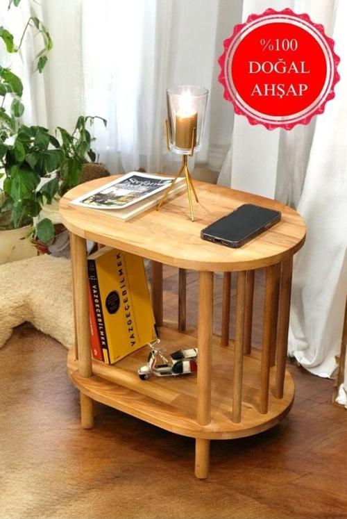 Lüx Natural Ahşap Yan Sehpa - Komodin - Salon - Oturma Odası Zigon Sehpa