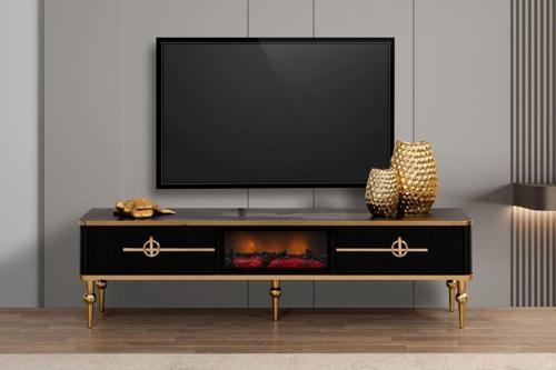 Asel Çekmeceli Siyah Gold Şömineli Tv Ünitesi