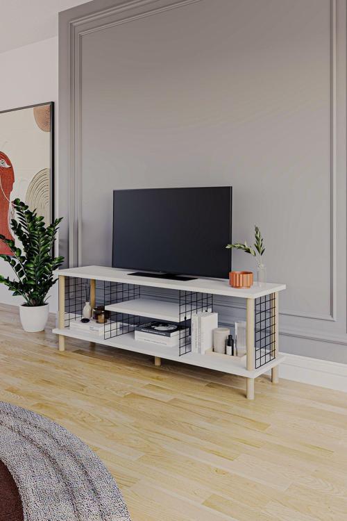 Tv Sehpası Raflı Tv Ünitesi Televizyon Sehpası Ahşap Ayaklı Metal Bölmeli - Beyaz