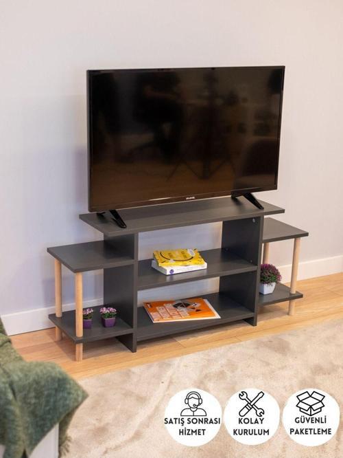 Tv Ünitesi Ahşap Ayaklı Televizyon Sehpası Dekoratif Raflı Modern Mobilya - Antrasit - 120 Cm