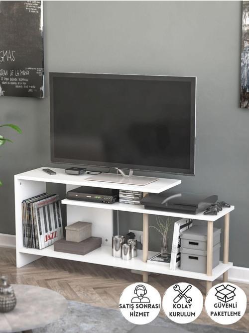 Tv Ünitesi Ahşap Ayaklı Televizyon Sehpası Dekoratif Raflı Modern Mobilya - Beyaz - 120 Cm