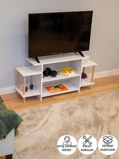 Tv Ünitesi Ahşap Ayaklı Televizyon Sehpası Dekoratif Raflı Modern Mobilya- Beyaz - 120 Cm