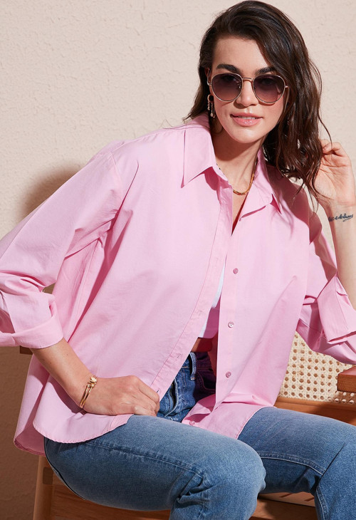 Pamuklu Regular Fit Önü Kısa Arkası Uzun Oval Kesim Bayan Gömlek CF25S163867 AÇIK PEMBE