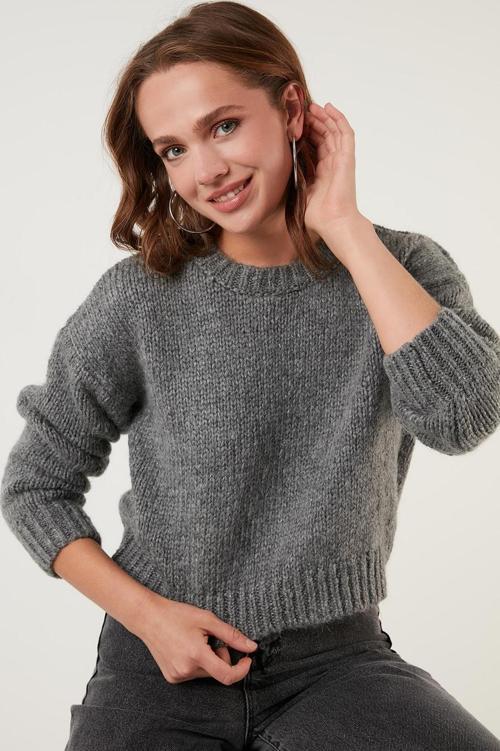 Sıfır Yaka Örme Crop Bayan Kazak 4615142 ANTRASİT