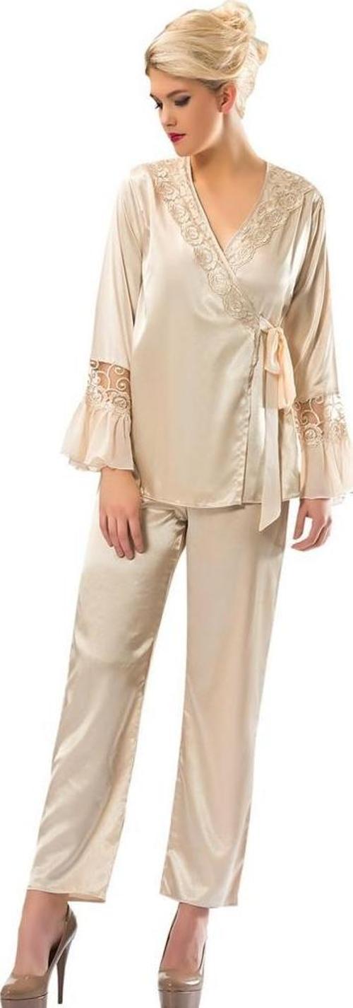 Bayan Krem Dantelli Saten Pijama Takımı 1592
