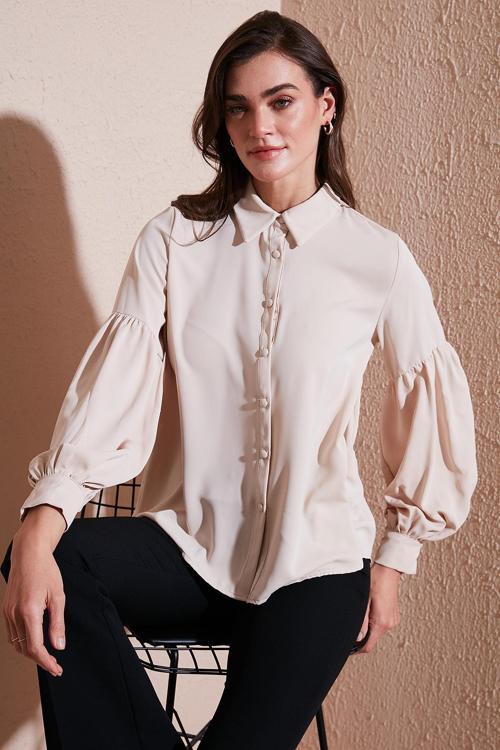 Regular Fit Dikiş Detaylı Düz Yaka Balon Kol Bayan Gömlek 611GO00003 TAŞ