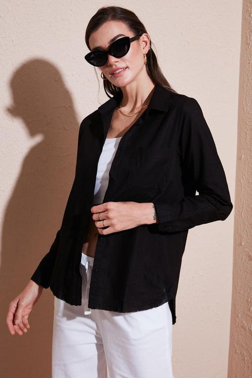 Pamuklu Regular Fit Cepli Bayan Gömlek CF25S16992 SİYAH