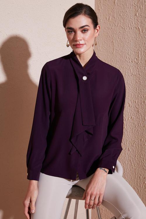 Standart Fit Taşlı Düğmeli Fularlı Yaka Uzun Kollu Bayan Gömlek 611GO00333 MÜRDÜM