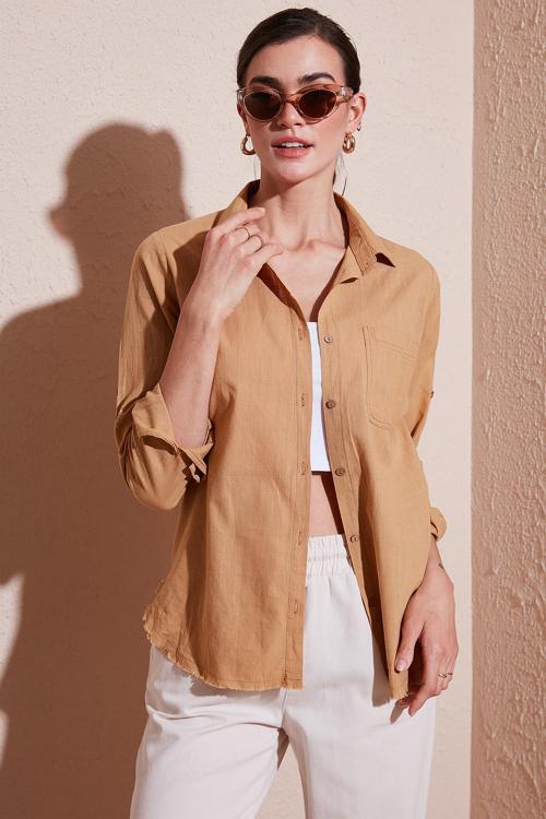 Pamuklu Regular Fit Cepli Bayan Gömlek CF25S16992 CAMEL