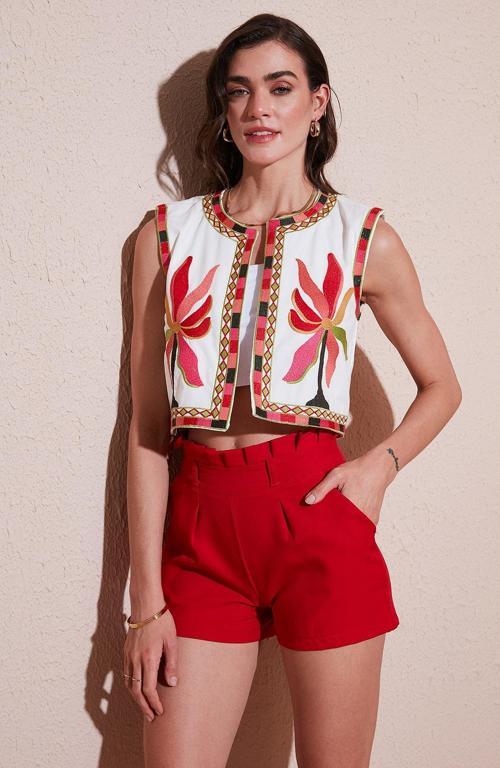 Pamuklu Regular Fit Çiçekli Nakış İşlemeli Crop Bayan Yelek 676291 EKRU